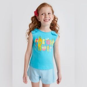 Size 6 Girls Mayoral Blue Graphic Tank Top with Ruffle Shoulders